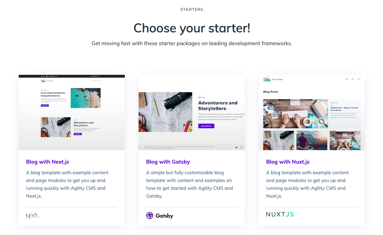 A screenshot of the starters for Agility CMS
