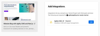 CMS integration to deploy Vercel with Agility CMS